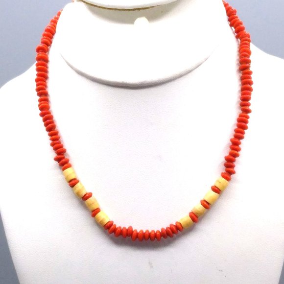 Antique Rondelle and Bone Bead Necklace Orange Glass Choker Length Ethnic Tribal - Picture 1 of 3